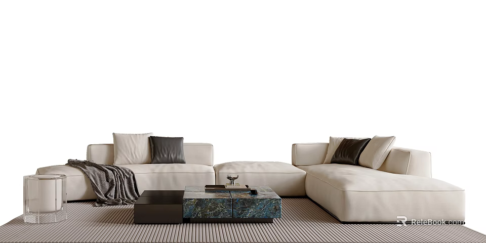White Sofa With Black Pillows And Gray Throw Blanket Coffee Table Set On Striped Rug 3d model 