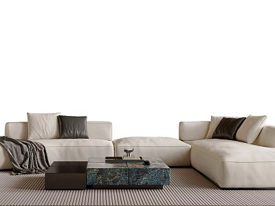 White Sofa With Black Pillows And Gray Throw Blanket Coffee Table Set On Striped Rug 3d model
