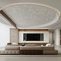 Modern Living Room Interior With Circular Starry Ceiling Wooden Walls And Light Beige Sofas