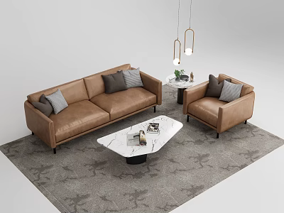 Modern Brown Leather Sofa And White Marble Coffee Table Set With Cushions And Gray Rug 3d model