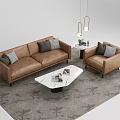 Modern Brown Leather Sofa And White Marble Coffee Table Set With Cushions And Gray Rug