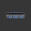 Three Seat Public Chair With Blue Cushions And Silver Metal Armrests