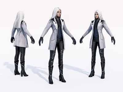 Game Movie Character With White Hair Long Gray Coat Black Leather Pants And Boots 3d model