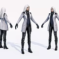 Game Movie Character With White Hair Long Gray Coat Black Leather Pants And Boots