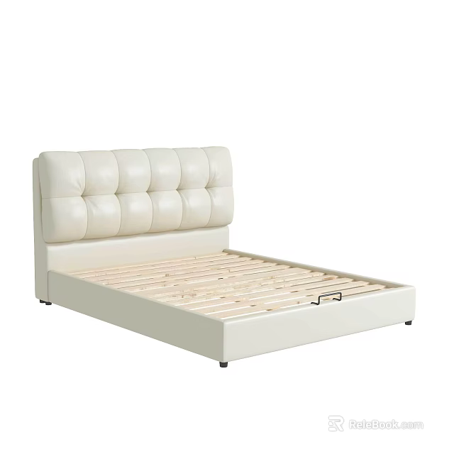 White Double Bed With Upholstered Button Tufted Headboard And Wooden Slat Support 3d model 