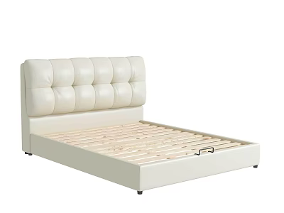 White Double Bed With Upholstered Button Tufted Headboard And Wooden Slat Support 3d model