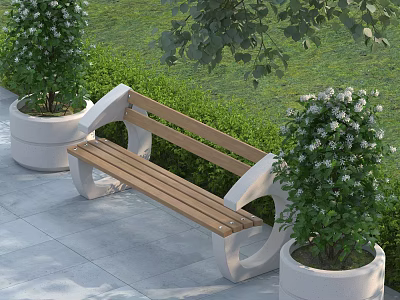 Outdoor Bench With Wooden Seat Stone Frame And Potted Plants On Green Grass 3d model