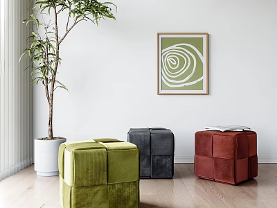 Velvet Square Stools in Green Gray Red Colors for Modern Living Room with Plant Artwork 3d model