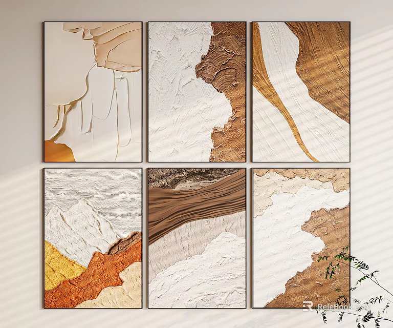 Abstract Paintings With Layered Textured Beige Brown White Gold Tones For Home Wall Decor 3d model 