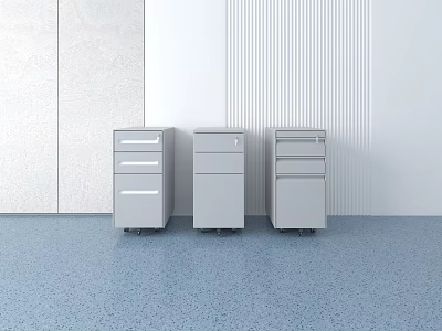 Three Gray Bookcases With Wheels Against Light Colored Walls And Blue Floor 3d model