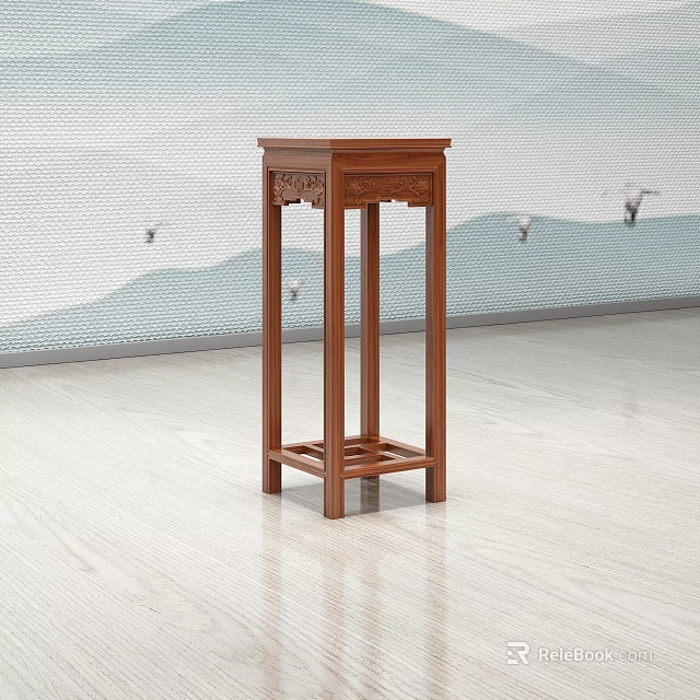 Chinese Traditional Solid Wood Flower Stand Featuring Intricate Carved Details And Square Design 3d model 