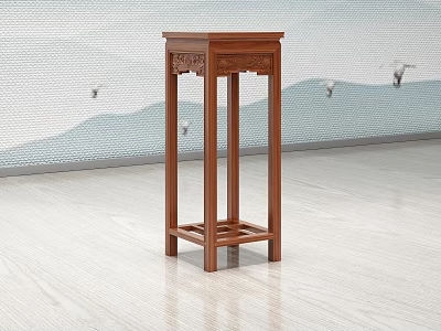 Chinese Traditional Solid Wood Flower Stand Featuring Intricate Carved Details And Square Design 3d model