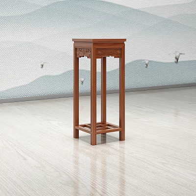 Chinese Traditional Solid Wood Flower Stand Featuring Intricate Carved Details And Square Design 3d model