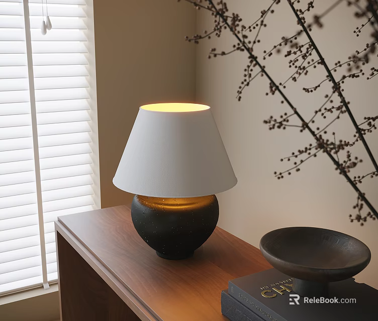 Elegant Table Lamp With White Lampshade On Wooden Table By White Blinds And Decorative Branches 3d model 