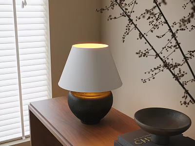 Elegant Table Lamp With White Lampshade On Wooden Table By White Blinds And Decorative Branches 3d model