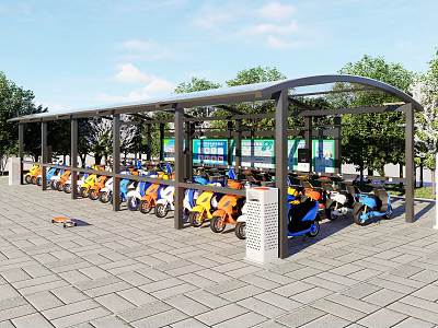Outdoor Electric Vehicle Shelter Housing Parked Scooters Under Canopy With Trees And Paved Ground 3d model
