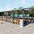 Outdoor Electric Vehicle Shelter Housing Parked Scooters Under Canopy With Trees And Paved Ground