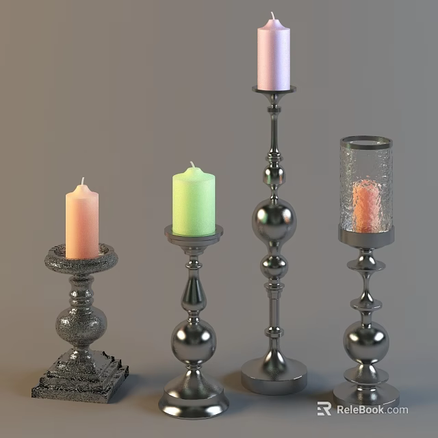 Four Decorative Candle Holders With Metallic Stands Carved Bases And Glass Shades 3d model 