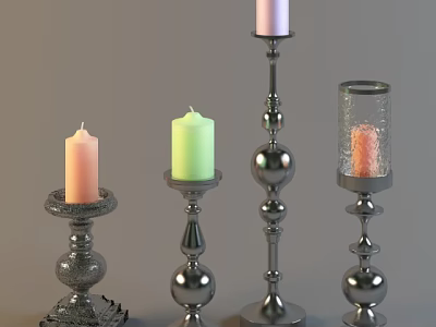 Four Decorative Candle Holders With Metallic Stands Carved Bases And Glass Shades 3d model