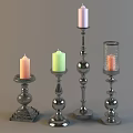 Four Decorative Candle Holders With Metallic Stands Carved Bases And Glass Shades
