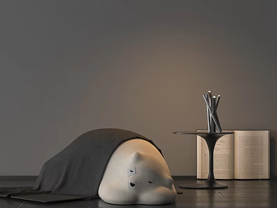 Gray Lazy Sofa With Blanket Next to Small Table Silver Sculptures Open Book Dark Floor 3d model