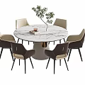 Modern Round Marble Top Dining Table Set With Six Brown Beige Chairs Black Legs 3d model