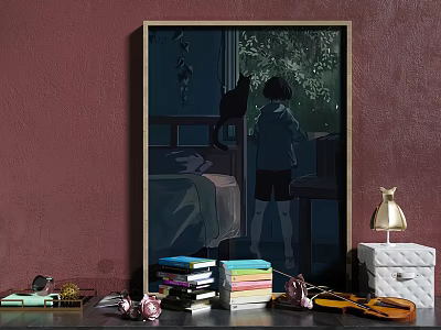 Stylish Decorative Ornament Set With Painting Books Golden Lamp And White Box On Red Wall 3d model