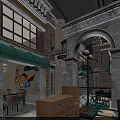 Traditional Restaurant Exterior With Brick Wall Green Awning Red Decorations And Entrance Design