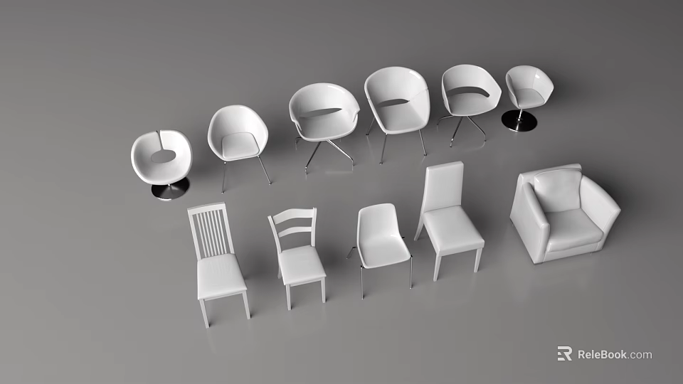 White Furniture Display Featuring Different Chair Styles And Modern Sofa 3d model 