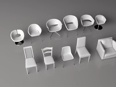 White Furniture Display Featuring Different Chair Styles And Modern Sofa 3d model