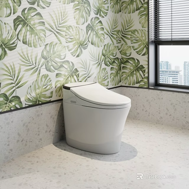 Modern White Toilet In Bathroom With Tropical Leaf Wallpaper Window City View And Marble Floor 3d model 