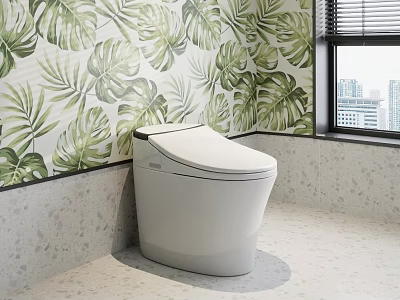 Modern White Toilet In Bathroom With Tropical Leaf Wallpaper Window City View And Marble Floor 3d model