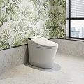Modern White Toilet In Bathroom With Tropical Leaf Wallpaper Window City View And Marble Floor