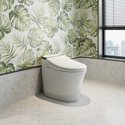 Modern White Toilet In Bathroom With Tropical Leaf Wallpaper Window City View And Marble Floor 3d model