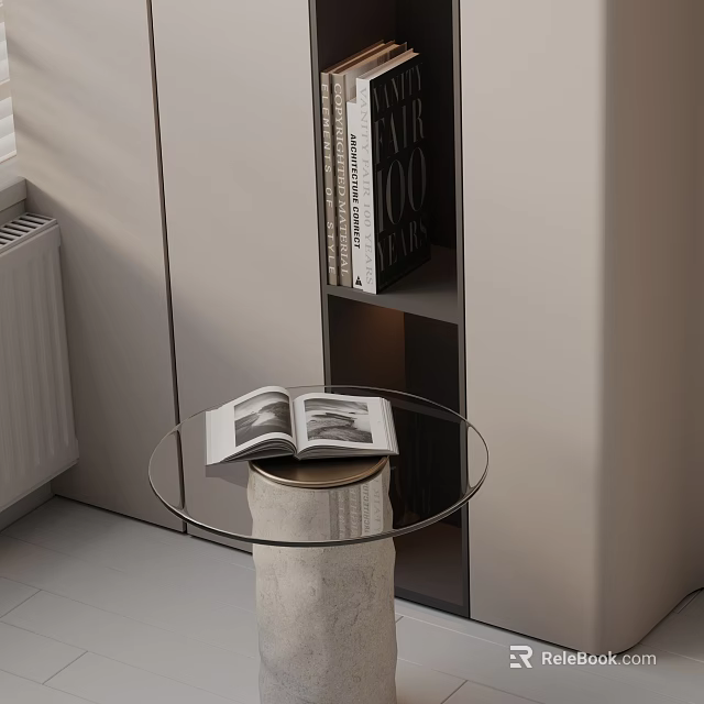 Round Glass Top Side Table With Cylindrical Concrete Base And Open Book On Top 3d model 
