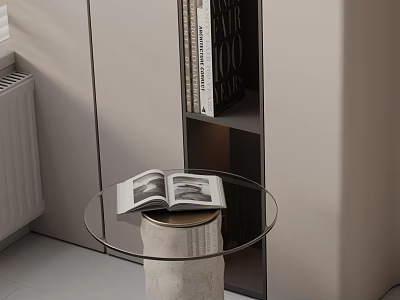Round Glass Top Side Table With Cylindrical Concrete Base And Open Book On Top 3d model