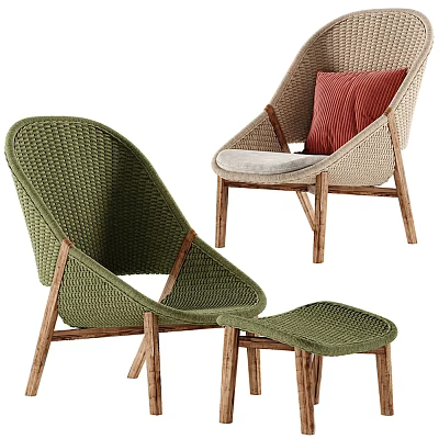 Modern Green Woven Accent Chair With Wooden Frame Red Cushion And Ottoman 3d model