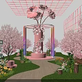 Floral Art Installation with Pink Archway Cherry Blossom Trees and Colorful Tulips on Lawn Pathway