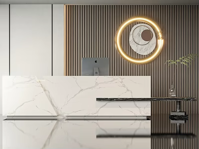 Modern Reception Desk With Marble Countertop Wooden Slat Wall And Circular Light Fixture 3d model