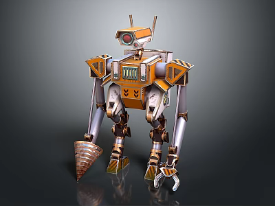 Orange And White Mechanical Robot Character With Camera Eye Clawed Hand And Cone Shaped Object 3d model
