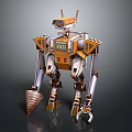 Orange And White Mechanical Robot Character With Camera Eye Clawed Hand And Cone Shaped Object 3d model
