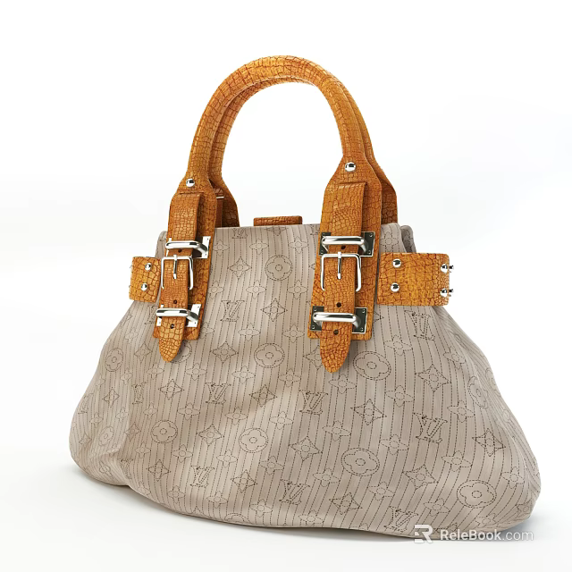 Fashionable Beige Handbag With Embossed Star Pattern Leather Handles And Metal Buckles 3d model 