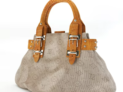 Fashionable Beige Handbag With Embossed Star Pattern Leather Handles And Metal Buckles 3d model