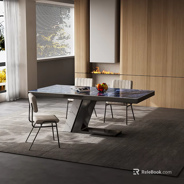 Modern Dining Table Set With Marble Top Metal Frame And Upholstered Chairs 3d model 