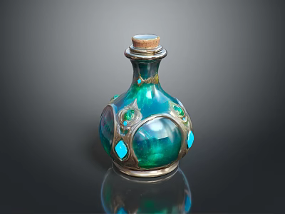 Elegant Decorative Turquoise Glass Bottle With Metallic Accents And Blue Gemstone Details 3d model
