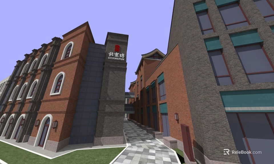 Traditional Chinese Commercial Street With Red Brick Buildings Stone Pavement And Tea House Sign 3d model 