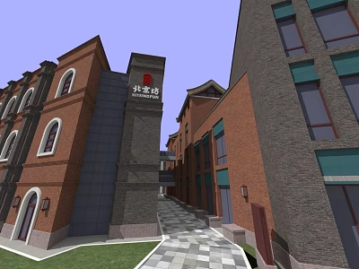 Traditional Chinese Commercial Street With Red Brick Buildings Stone Pavement And Tea House Sign 3d model