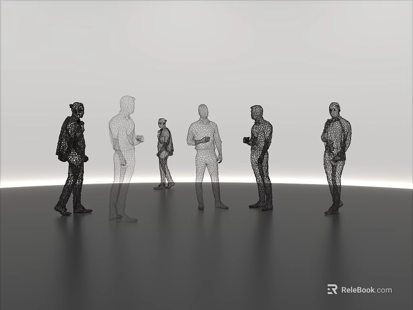 Human Shaped Art Installation With Black And White Standing Figures On Smooth Gray Floor 3d model 