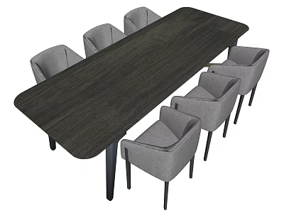 Modern Dark Wood Dining Table Set with Six Gray Chairs 3d model