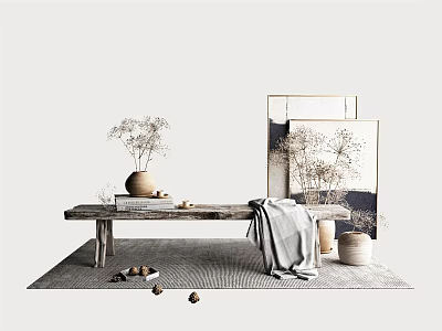 Public Chair Setup Featuring Wooden Bench Vase Dried Grass Paintings Rug Stones 3d model
